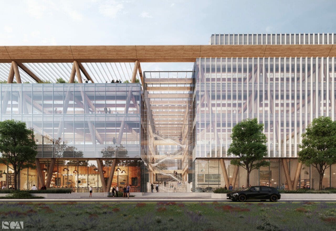 A close up rendering of a modern architectural façade featuring mass timber and glass façade. 