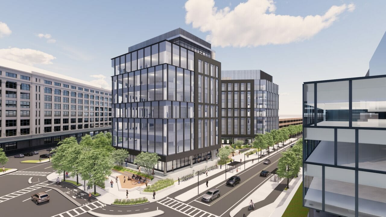 Architectural rendering of a sustainability forward life sciences development in Boston